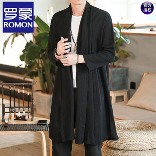 Romon chinese-style hanfu long cloak youth robe thin zen coat cloak retro windbreaker cloak for men black 4xl