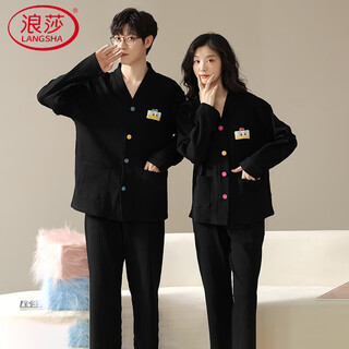 Langsha couple pajamas for one man and one woman in autumn pure cotton striped casual cardigans can be worn outside 100% cotton spring and autumn home clothes 22302 couple xl female + l male