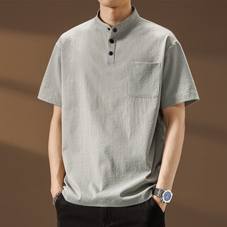 Qinchi retro men's tunic high-end tunic collar henley collar shirt men's 25 summer thin cool pocket short-sleeved shirt gray m about 90~120jin jin equals 0.5kg can be worn one size fits all