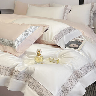 High-end 100-count long-staple cotton solid color bed four-piece set class a pure cotton quilt cover quilted fitted sheet high-end nolan-white powder fitted sheet 1.8m quilted four-piece set