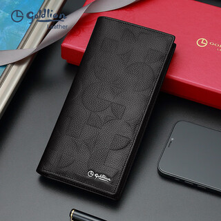 金利来（Goldlion）新款男士长款钱包真皮青年商务压花纹软皮夹多卡位牛皮钱夹 黑色