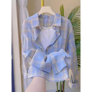 2025 new summer sun protection thin plaid shirt loose long-sleeved top cardigan versatile jacket women's sun protection clothing blue plaid high quality version l 105-120jin jin equals 0.5 kg
