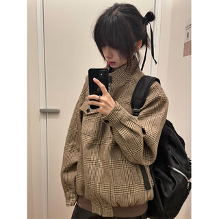 Junyin american houndstooth harrington jacket men's spring and autumn high-end short stand-up collar cleanfit jacket dark brown l