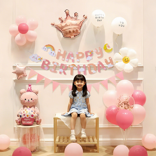 儿童生日场景布置装饰男孩女孩童气球家庭生日道具派对仪式氛围感 【粉色】生日场景布置气球装饰