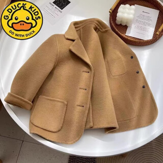 G.duck儿童双面羊绒大衣短款秋冬男童女童复古加厚西装羊毛呢子外套上衣 卡其色 春秋呢子外套 90 cm
