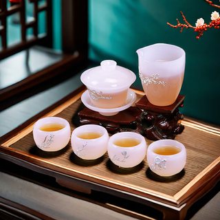 Xianjuren complete set of high-end kung fu tea set, white jade porcelain covered bowl, male cup, tea cup, light luxury gift box packaging, high-end office jade porcelain gentleman set, plum, orchid, bamboo and chrysanthemum gift box, 6 pieces