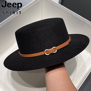 Jeep spirit british style retro woolen hat for women spring and autumn fashion versatile belt buckle flat top european and american black jazz hat for men black m (56-58cm)