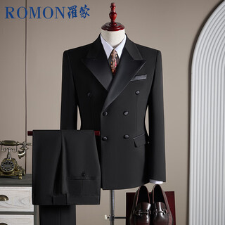Romon suit + vest + trousers suit suit men's professional formal wedding dress wool jacket black xl