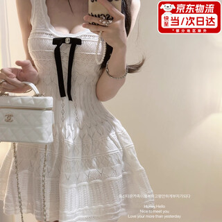 Jioesc dress women's french hollow knitted sleeveless white suspender sweet high-end bow slimming 2025 new style white one size
