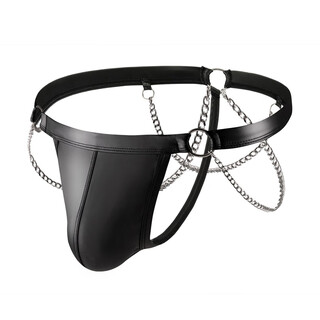 New men's sexy underwear european and american pouch tight thong patent leather chain decorated rainbow t-pants hollow ring black m