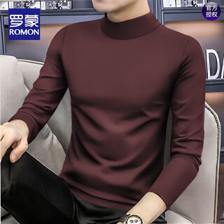 Romon half turtleneck solid color autumn and winter long-sleeved t-shirt for men, new mid-collar slim-fitting bottoming shirt with velvet to keep warm, burgundy regular style 4xl 175-195jin jin is equal to 0.5 kg