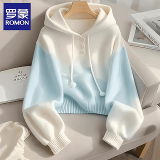 Romon hooded knitted sweatshirt for women 2025 spring and autumn gradient color lazy thickened warm red top women's jacket blue and white m