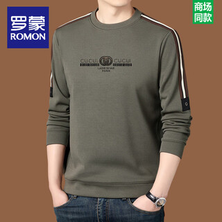 Romon pure cotton 100% long-sleeved t-shirt for men 2025 autumn and winter new round neck loose casual sweatshirt men's base layer top bean green 1 spring and autumn model xl 175 recommended weight 135-155 jin jin equals 0.5 kg