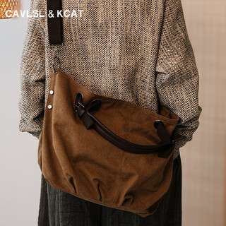 Cavlslkcat retro canvas tote bag men's large-capacity handbag daily commuter shoulder crossbody bag casual travel bag dark brown 12.9 inches 37*17*36cm
