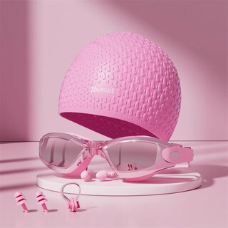 Swimming cap for women, waterproof, non-stretching silicone, fashionable long hair swimming cap for men and women, large ear protection swimming goggles, swimming cap set, pink + electroplated pink one-piece earplugs swimming goggles + nose clip +