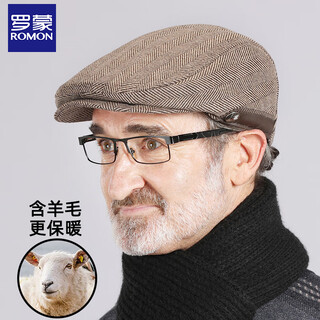 Romon men's hat autumn and winter for middle-aged and elderly wool duck bill forward hat large head circumference to keep warm and windproof and cold-proof as a gift for father, herringbone brown color, one size fits all, hat circumference 57-64 cm adjustable