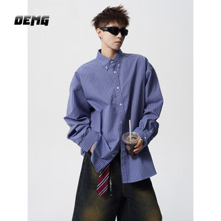 Oemg high-end blue plaid long-sleeved shirt for men in summer and autumn american lapel trendy brand casual loose jacket blue xl recommended 110-130jin jin equals 0.5 kg