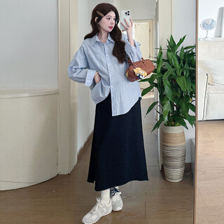 Mengyilan maternity spring and autumn dress 2025 new suit skirt spring and autumn fashionable fashionable shirt top clothes striped shirt l (recommended 115-130)