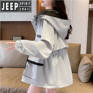 Jeep spirit windbreaker jacket for women spring and autumn 2024 new korean version loose waist slimming assault top outdoor hiking and mountaineering clothing beige s 85-105jin jin is equal to 0.5 kg