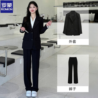 Luo meng 2025 temperament suit suit female spring and autumn college student defense interview work clothes black suit jacket formal work black long style (coat + pants) xs