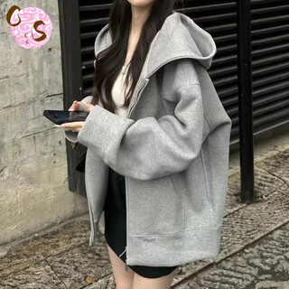 Cs.lion american retro gray hooded cardigan sweater women's velvet thickened design loose couple zipper jacket top light gray (autumn and winter) velvet l 110-125jin jin is equal to 0.5 kg