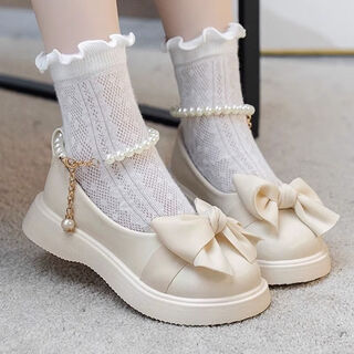 Ershan collection 2025 summer new girls' small leather shoes lolita princess shoes performance shoes mary jane shoes girls jk shoes bead chain leather shoes white size 32 inner length 19.5cm