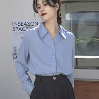 He jiagong shirt women's long sleeve 2025 spring and autumn long sleeve shirt women's slim fit interview commuting workplace formal top women mist blue l recommended 106-120 jin jin equals 0.5 kg