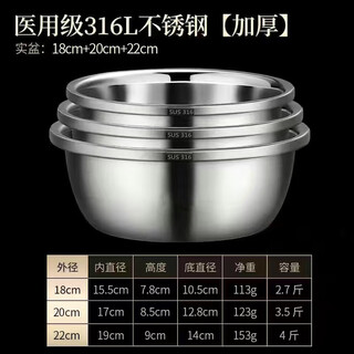 Kitchen and bathroom food-grade stainless steel basin set vegetable basin household oil basin kitchen egg and soup basin 316 extra thick grade 18-20-22cm three-piece set sent three