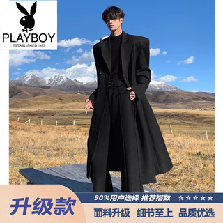 Playboy (playboy) black woolen coat men's mid-length autumn and winter british style windbreaker cleanfit korean woolen coat black upgraded version xl