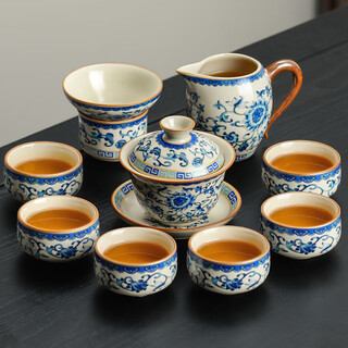 Buchuo tea set complete set of kung fu tea set for home use in living room tea set high-end blue and white porcelain ru kiln covered bowl 9 pieces