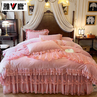 Yalu 2025 new french princess lace baby velvet thickened bed skirt four-piece set winter quilted non-slip bedspread quilt cover xiangshe liying-sakura pink bedskirt 1.8*2.2 four-piece set-quilt cover 200*230