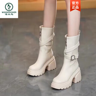 Woodpecker genuine leather thick-soled small thick-heeled martin boots for women 2025 new autumn and winter high-heeled plus velvet belt buckle mid-calf boots off-white thin velvet (standard size + shipping insurance) 38