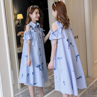Maternity dress summer 2025 new spring cotton suit maternity shirt summer long skirt top trendy blue strapless + safety pants xxl
