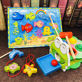 Hanoufei infant and toddler early education building blocks 12-3 years old magnetic fishing puzzle 6-12 months old development bead toy fishing puzzle + knocking table