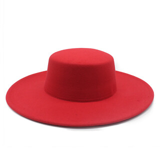 Select european and american retro british wide-brim flat top hat large-brimmed jazz hat autumn and winter fashionable casual felt hat for men and women red normal size suitable for 56-58cm head circumference