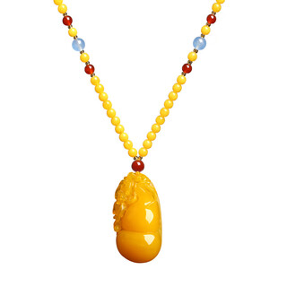 Fat donglai's same style beeswax pendant gourd water drop pendant amber round bead sweater chain dragon and phoenix carving retro beeswax gourd pendant + bead chain with gift box + certificate