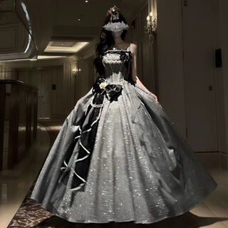 Bright moon coronation lolita evening dress for women high-end light luxury fine sparkling flower wedding student adult ceremony lolita princess dress silver gray + bustle s