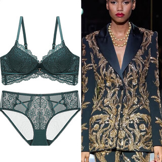 Victoria palace pure desire lace bra french sexy small breast push up underwear breathable women's anti-sagging inner lace underwear set green 75b /34