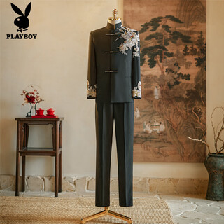 Playboy (playboy) new chinese style xiuhe suit groom tunic suit wedding suit heavy industry suit jacket men's engagement black toast suit panlong style 2xl