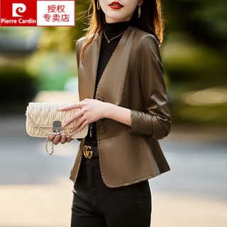 Pierre cardin high-end small leather jacket for women spring and autumn 2025 new small short slim fit maillard pu suit top brown m recommended 90-105 jin jin equals 0.5 kg