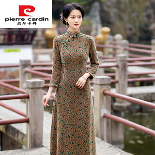 Pierre cardin middle-aged and elderly mothers thickened autumn and winter slimming ao dai improved cheongsam new chinese style retro mink velvet dress long women's camel 3xl 130--140jin jin is equal to 0.5 kg can be worn