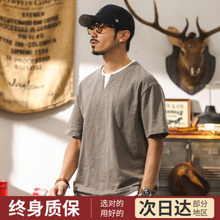 Jiaojing american retro fake two-piece bamboo cotton cool short-sleeved t-shirt for men 2025 summer henley collar polo shirt for men khaki_weight 230g l_suitable for 125-145jin jin is equal to 0.5 kg