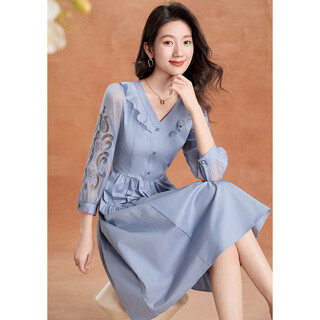 Kebel high-end v-neck hollow dress women's 2025 new autumn fashion fungus edge slimming and age-reducing skirt l