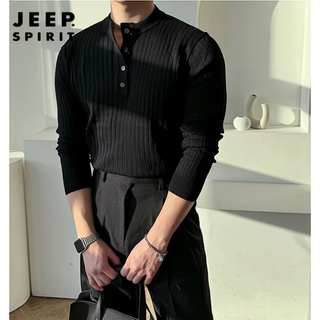 Jeep spirit black henry collar long-sleeved t-shirt men's spring and autumn american retro round neck sweater with versatile striped men's black m