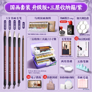 Marley chinese painting beginner's set for primary school students chinese painting pigment tool set rice paper ink painting special brush entry full set 18 pieces + purple box 12 colors 5ml