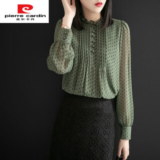 Pierre cardin 2025 autumn new chiffon shirt women's long sleeve loose temperament bottoming shirt fashion top western style shirt green 2xl 125-135jin jin equals 0.5 kg