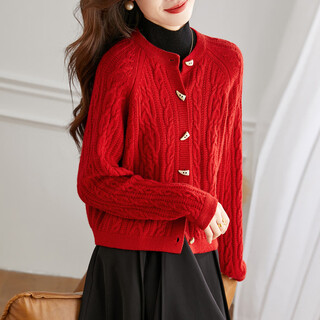 Shexi (srcr) pure wool coat for women 100% wool knitted outer thick autumn and winter short soft waxy cable sweater cardigan