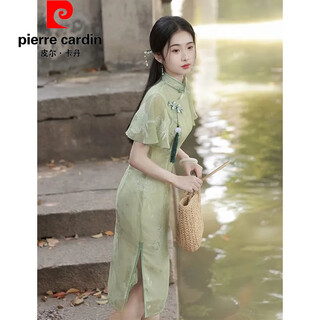Pierre cardin (pierre cardin) official brand green cheongsam 2026 new summer improved young girl small new chinese dress south style painting style - green s