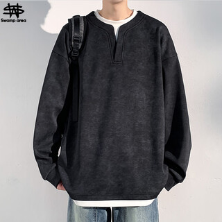 Swamp area sweatshirt men's spring and autumn fake two-piece long-sleeved top american henry collar bottoming shirt sar012 black l