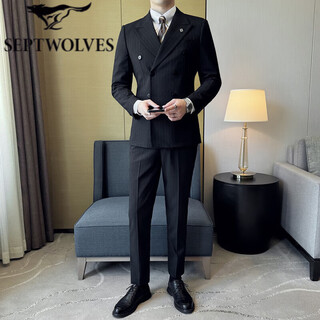 Septwolves double-breasted striped suit men's suit spring and autumn new trendy business casual slim suit three-piece black suit + trousers + vest 3xl (155-165jin jin equals 0.5 kg)